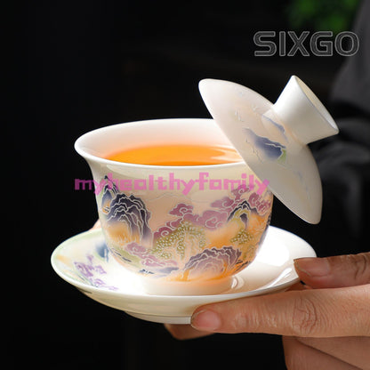 San Cai Gaiwan Tea Bowls and Cups Mutton-fat Jade Ceramics Tea Set Household