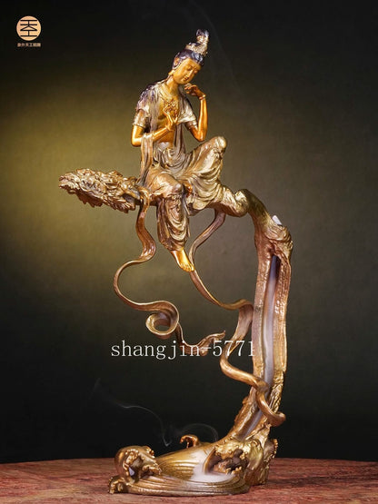 Brass Avalokitesvara Dragon Statue Incense Censer Burner Zen Home Decorative