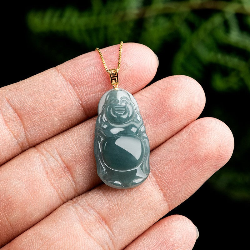 China Natural Jade Jadeite Carving Maitreya Buddha Blessing Pendant Necklace