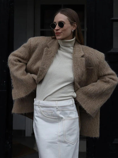 Plush Blazer Coat For Women Lapel Collar Warm Jacket Lady Commuter Outwear