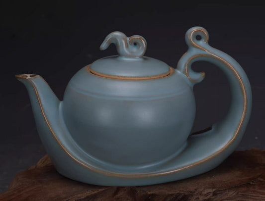 6.5" Chinese Ruyao Green Glaze Porcelain Heteromorphosis Teapot