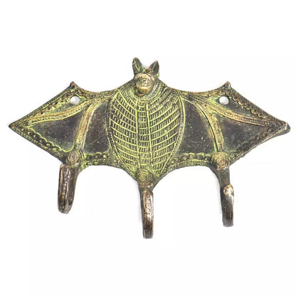 Antique Patina Look Brass Animal Bat Three Wall Hooks Clothes Hat Hanger