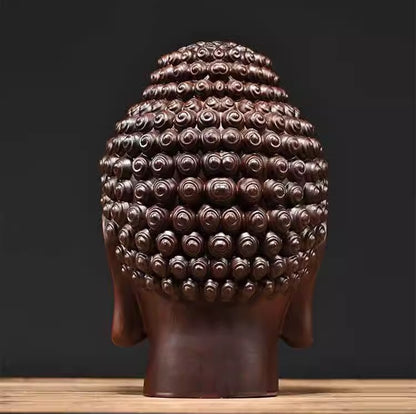 12" Natural Ebony Wood Carved Sakyamuni Buddha Head Statue Buddhism Collection