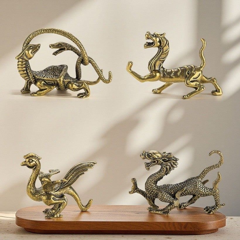 4PCS Brass Four Divine Beasts Ornament Dragon White Tiger Suzaku Xuanwu Decor