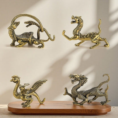 4PCS Brass Four Divine Beasts Ornament Dragon White Tiger Suzaku Xuanwu Decor