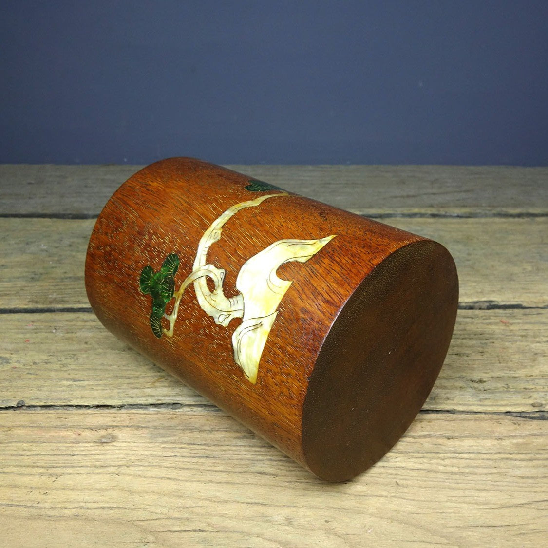 Vintage Rosewood Brush Pot, Inlaid Abalone Pine Crane, 15cm