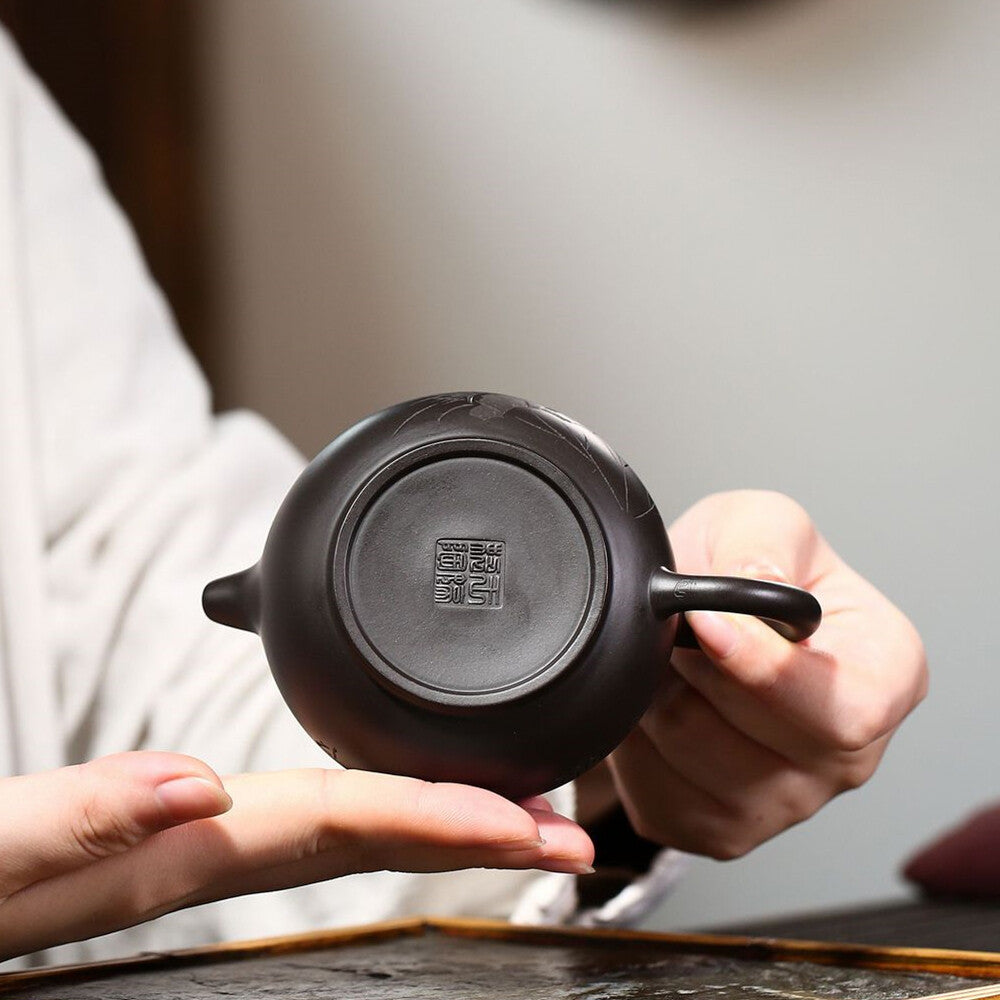 True Yixing Zisha Zhu Black Clay Pot Marked Lotus Carved Handmade Master Tea Pot