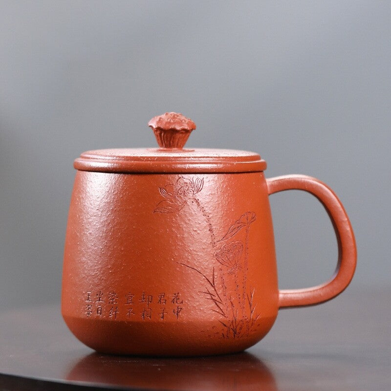 Full Handmade Tea Cup With Lid Handle Lotus Flower Carved Real Zisha Zhu Clay