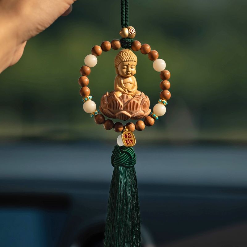 Peach Wood Buddha Car Pendant Lotus Beaded Tassel Rearview Mirror Ornament