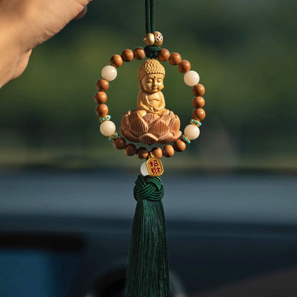 Peach Wood Buddha Car Pendant Lotus Beaded Tassel Rearview Mirror Ornament
