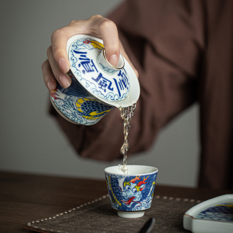 Chinese Tea Set Porcelain Gaiwan Tea Cup Plate Dragon Print Ceramic Tureen China