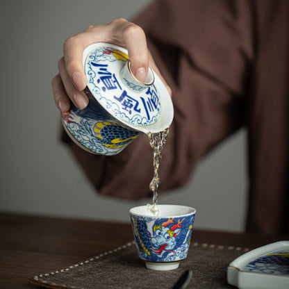 Chinese Tea Set Porcelain Gaiwan Tea Cup Plate Dragon Print Ceramic Tureen China