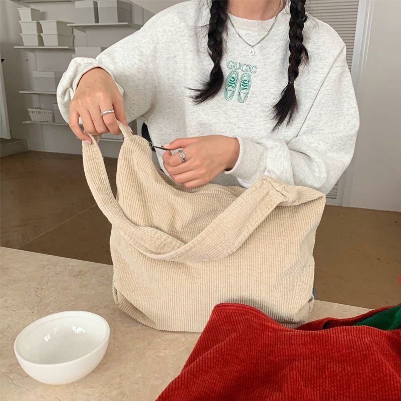 Crossbody Messenger Bag Large Shoulder Corduroy Tote Handbag - Thumbnail 2