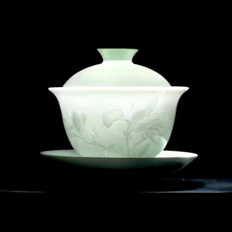 Boutique Tea Set Ceramic Gaiwan Floral Relief Porcelain Tea Cup Pitcher Orchid