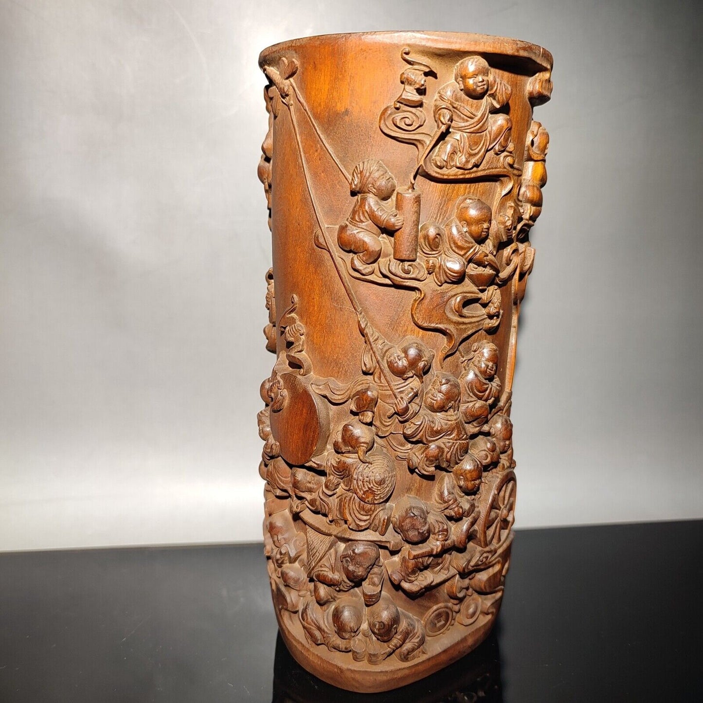 chinese children play kite statue desk study wood brush pot wooden decor carved