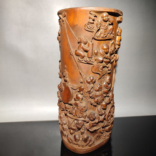 chinese children play kite statue desk study wood brush pot wooden decor carved