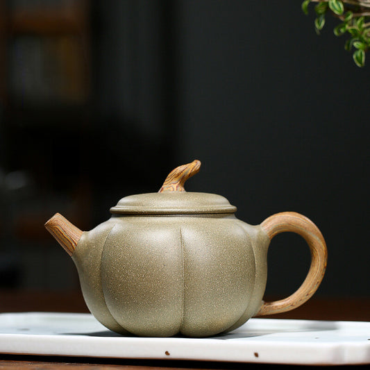 China Yixing Zisha Pottery Pea Green Clay Handmade 250cc Stripes Teapot