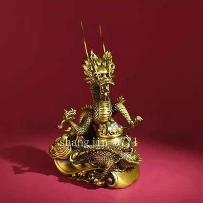 9.5" Brass Carved Chinese Dragon Statue Holy Beast Wealth Feng Shui Home Decor