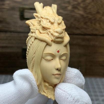 Boxwood Carved Chinese Dragon Girl Bead Chain Pendant Decor