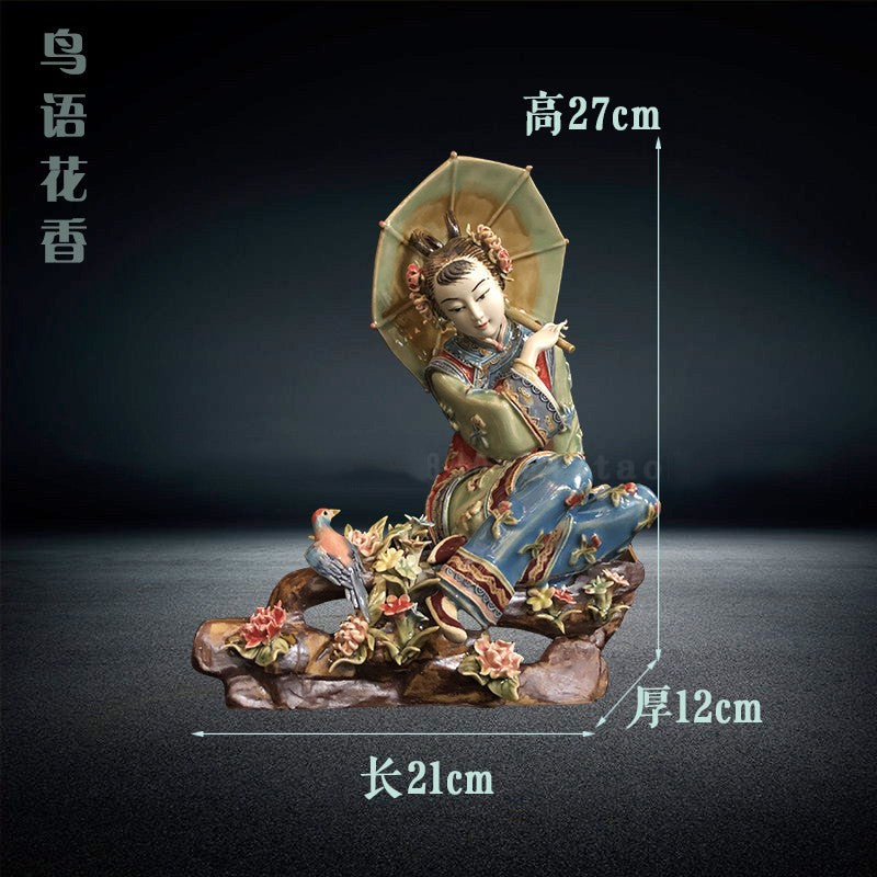 11" Chinese Wucai Porcelain Pottery Oriental Belle Girl Lady Play Bird Flower S2