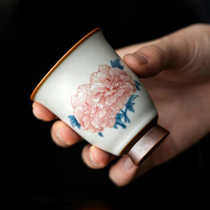 80ml Chinese Ru Kiln Porcelain Hibiscus Flower Tea Cup Meditation Cup Pu 'er Cup