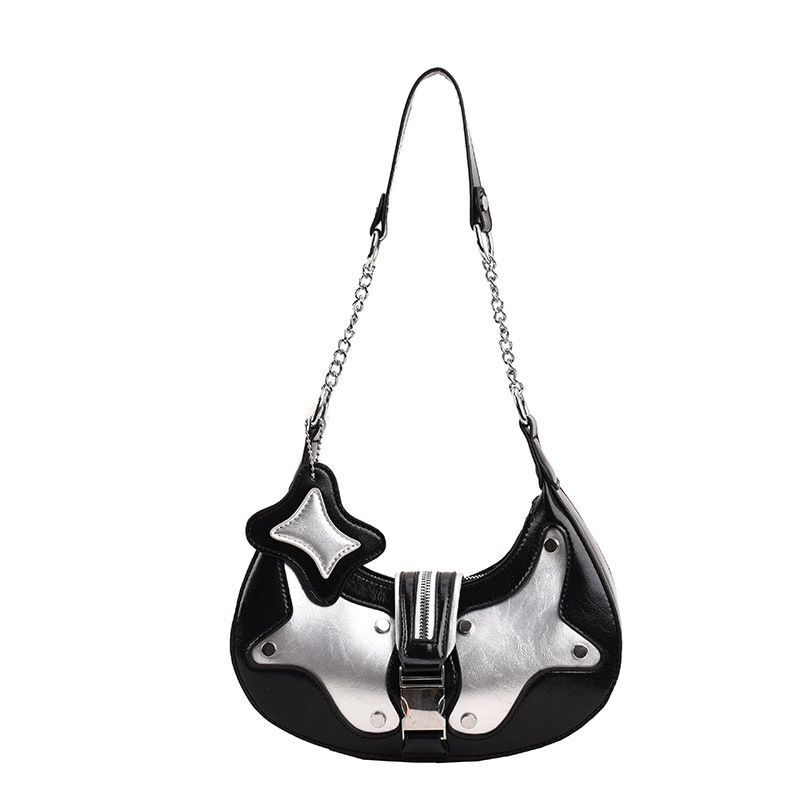 Silver Shoulder Bag Synthetic Leather Rivets Handbag Vintage Purse 25*16*7 cm