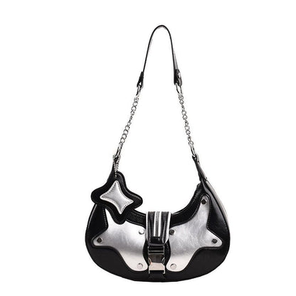 Silver Shoulder Bag Synthetic Leather Rivets Handbag Vintage Purse 25*16*7 cm