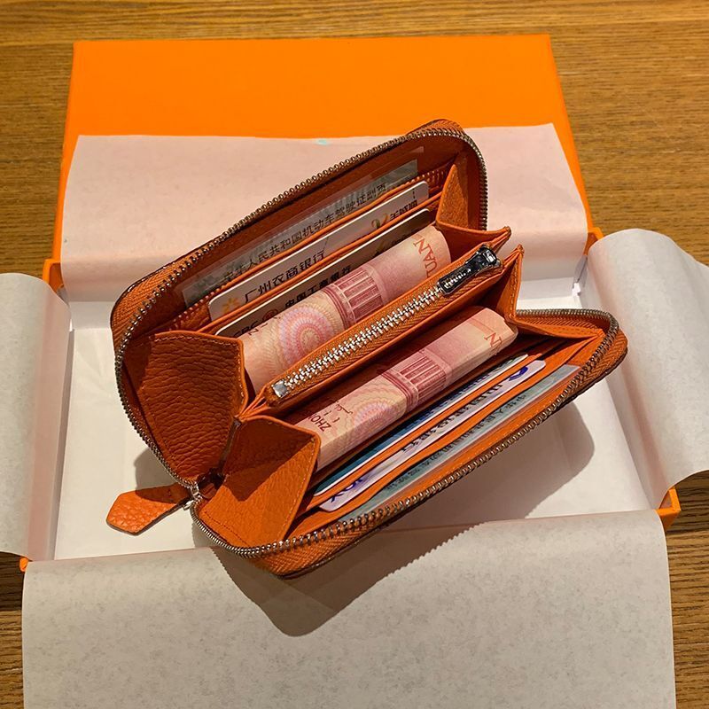 Genuine Leather Coin Bag Zipper Multi Card Pocket Wallets Purses Cotton Orange
