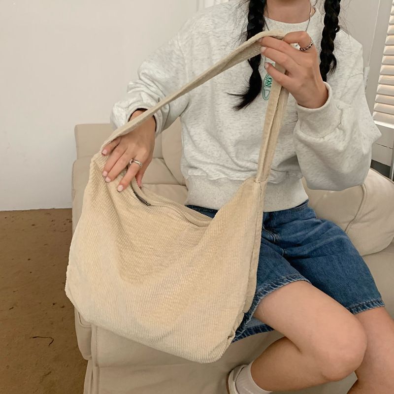 Crossbody Messenger Bag Large Shoulder Corduroy Tote Handbag Zipper 32*13*35 CM
