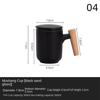 Mug 350ml Ceramic Wood Teacups W/ Lid & Filter Tea Separation Large Capacity Cup