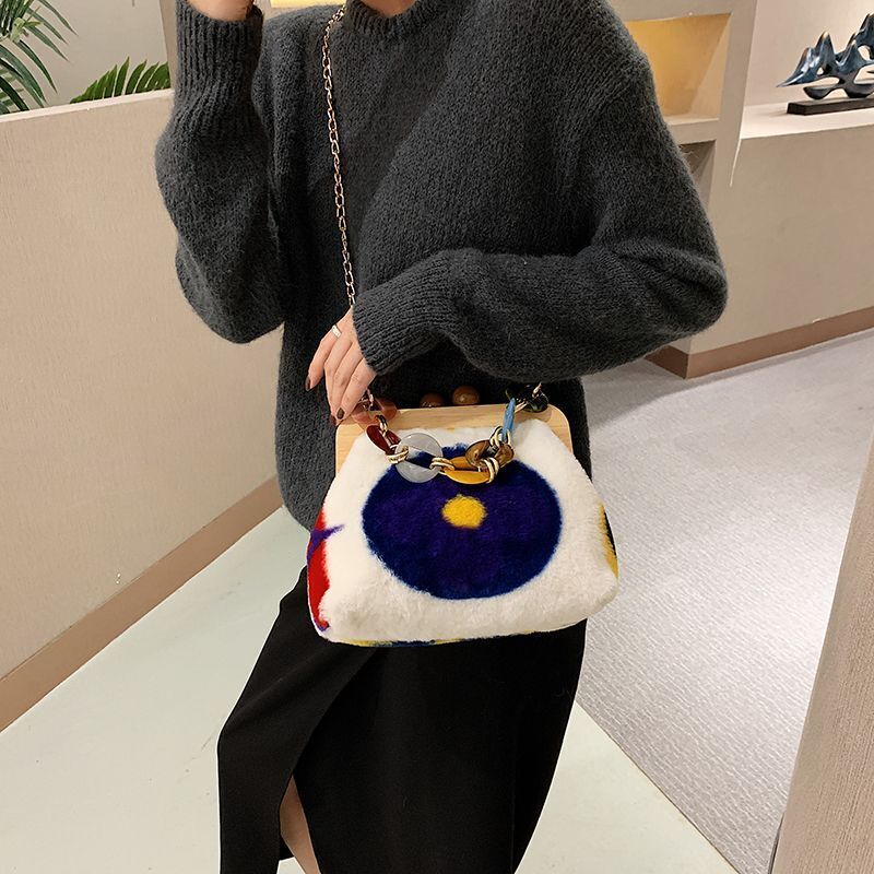 Winter Plush Shoulder Bag Wooden Clip Purse Handbags Crossbody Bag Chain Satchel