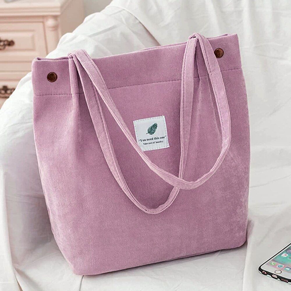Women Corduroy Shoulder Bags Reusable Cotton Cloth Handbag School Shopping Large