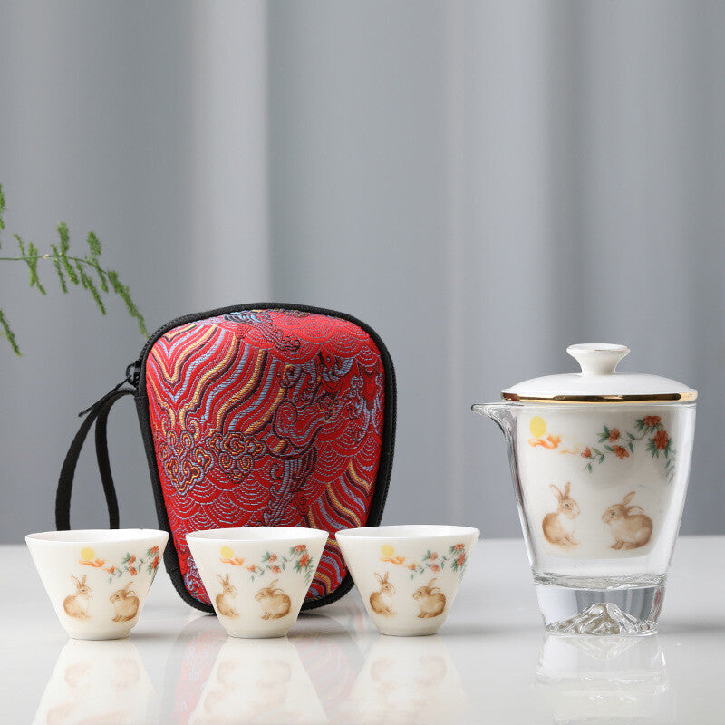 On Sales Travelling Teaset Glass Pitcher Porcelain Infuser Cup Fish Rabbit Print