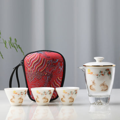 On Sales Travelling Teaset Glass Pitcher Porcelain Infuser Cup Fish Rabbit Print