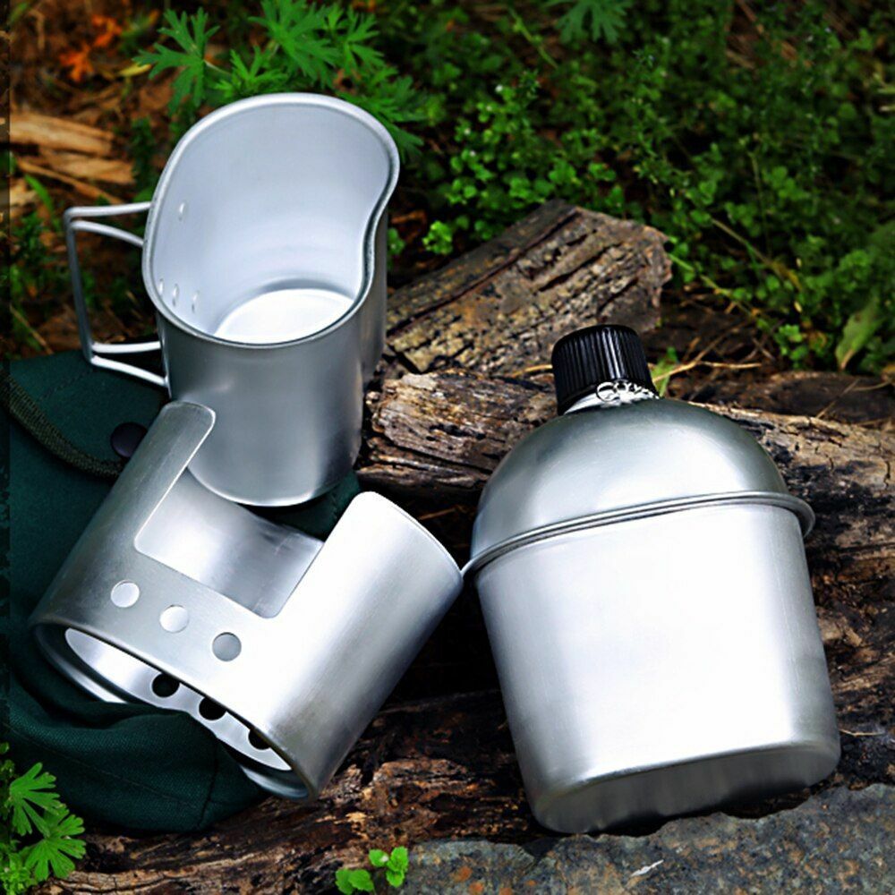 Military Canteen Cup Camping Wood Stove Set Outdoor Foldable Spork Stove Hiking