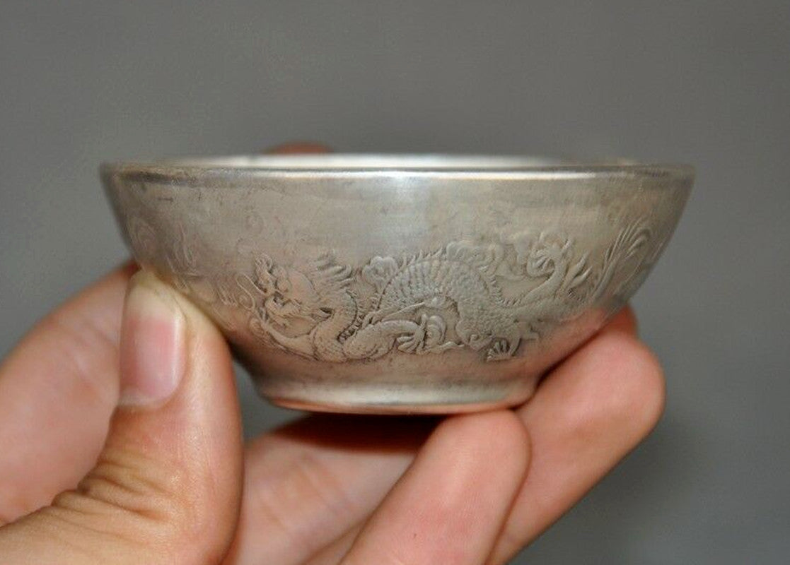 2.8" Chinese Tibetan Silver Dragons Dragon Loong Statue Tea Cup Bowl Collect New