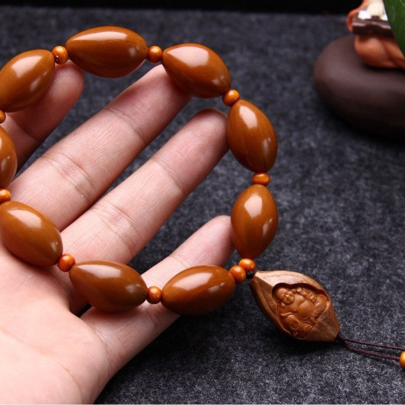 Natural Olive Pit Hand String Handcarved Maitreya Buddha Bracelet Amulet Bangle