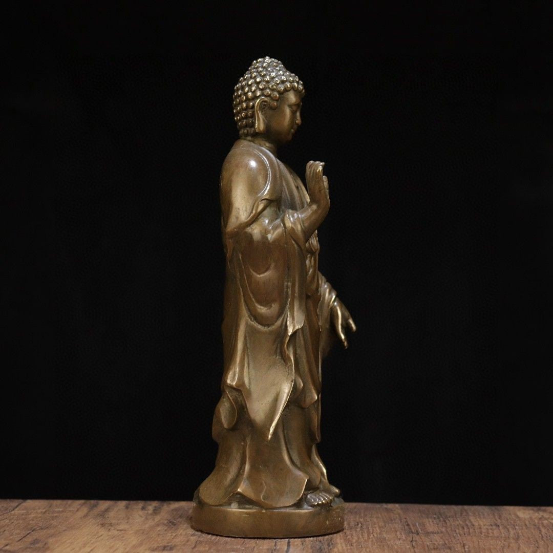 22cm Pure Copper Amitabha Buddha Statue Standing Brass Buddhist Figurine