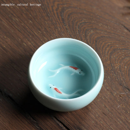 Longquan Porcelain Tea Cup Double Fish Set Marked Cup 55ml Longquan Celadon Cup