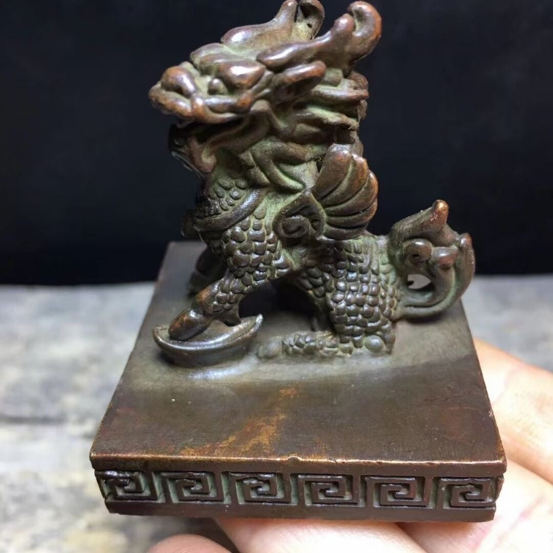 Rare bronze dragon kirin figure Collection seal statue tea pet table decor
