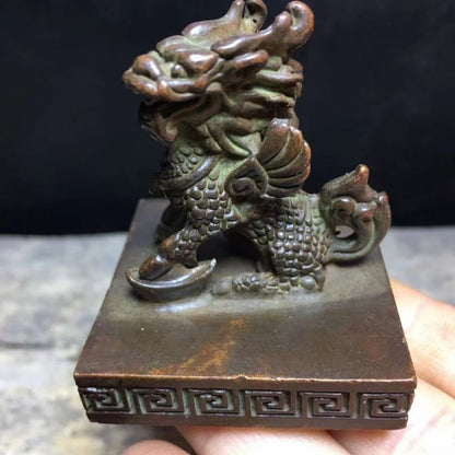 Rare bronze dragon kirin figure Collection seal statue tea pet table decor