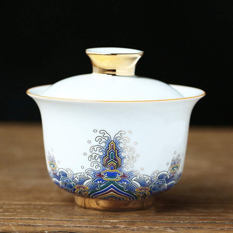 Boutique Gaiwan Porcelain Tureen Handpainted Cup Bowl Holder Cup Saucer With Lid