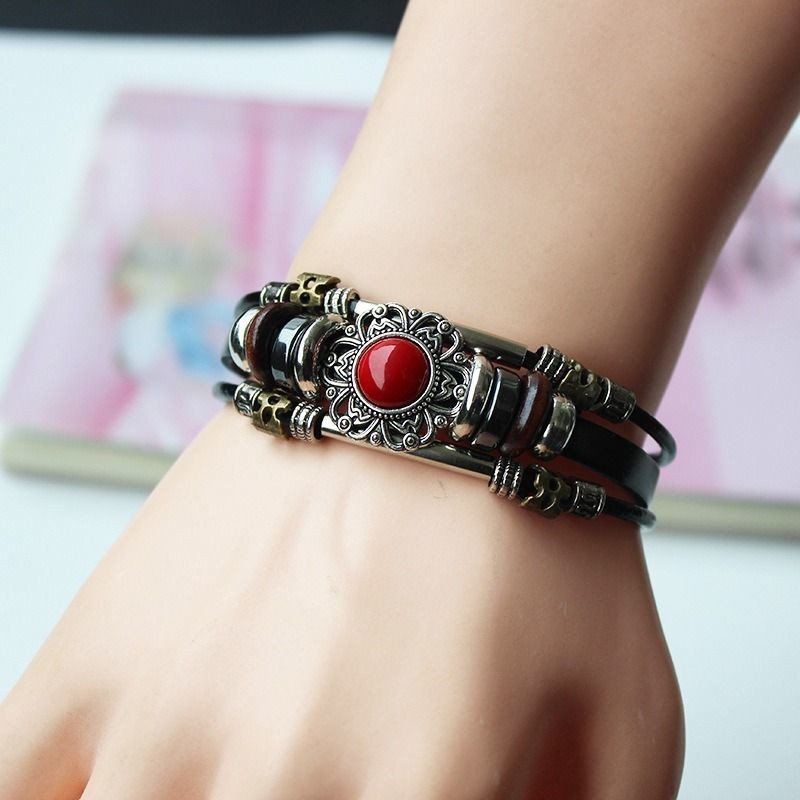 Retro Leather Layered Bracelet Red Stone Skull Mag Clasp Couple Jewelry