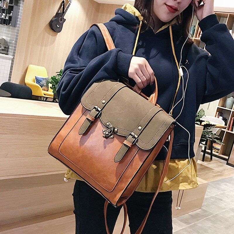 Backpack Synthetic Leather Daypack Vintage Student School College Shoulder Bags