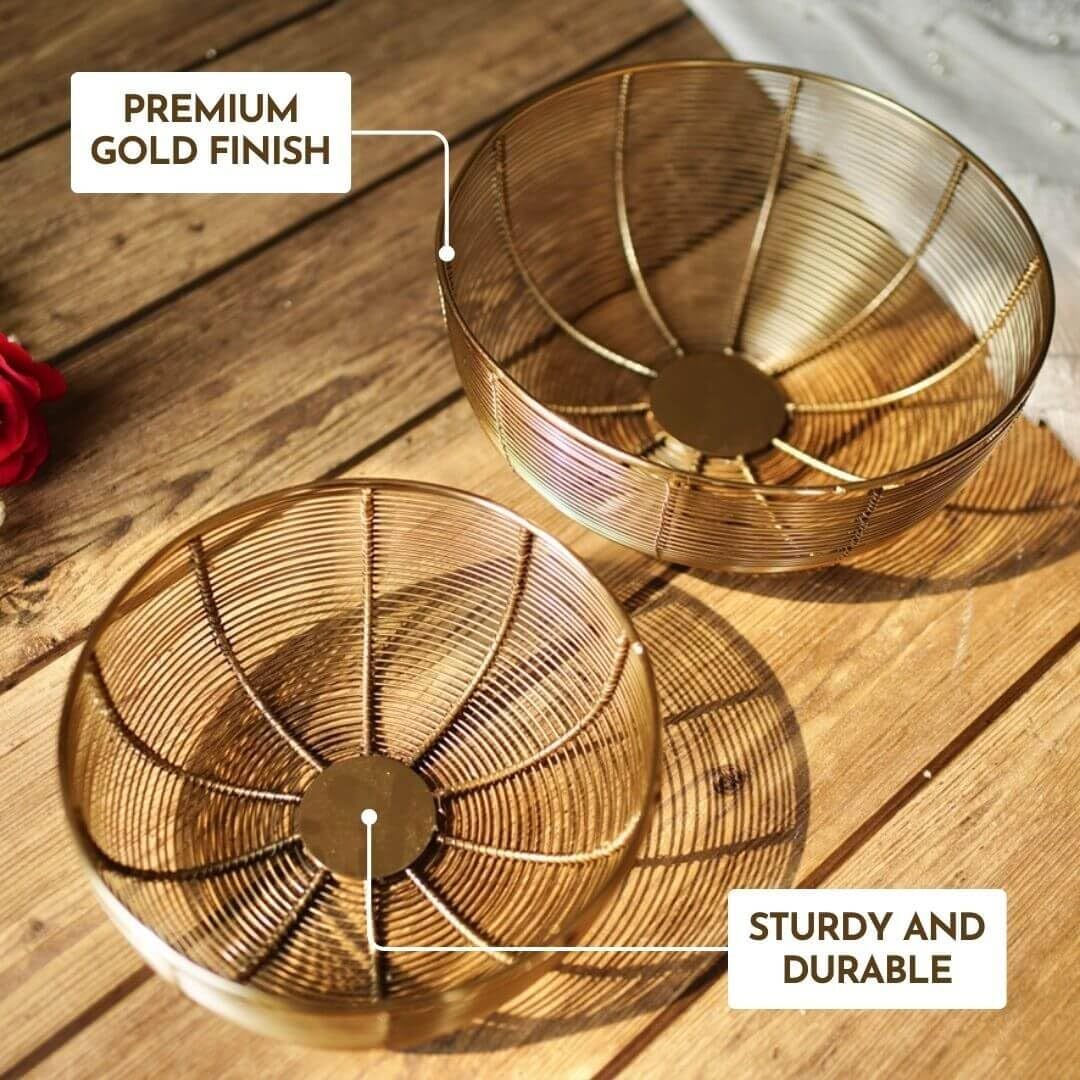 Air Circulating Fruit Basket Set - Includes 10" and 8" Wide Bowls (Gold Color)