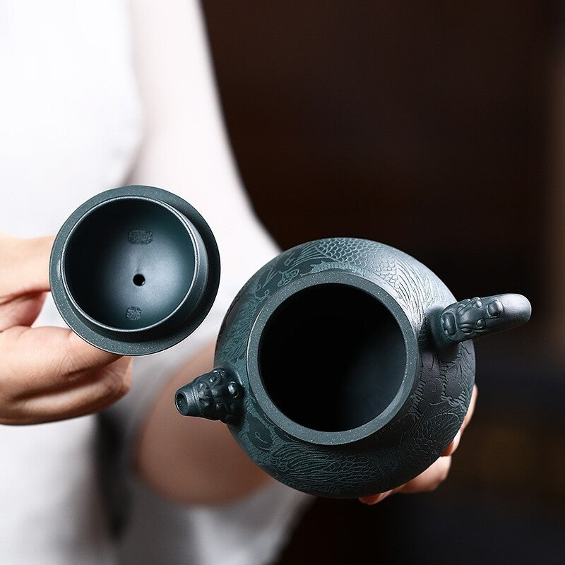 True Yixing Zisha Tea Pot Dragon Carved Tianqing Clay Master Pot Marked 320ml