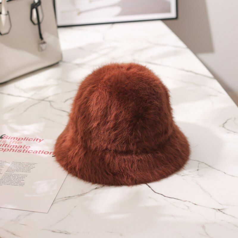 Hat Winter Women Solid Color Rabbit Fur Bucket Cap Fisherman Retro Knitted Wool