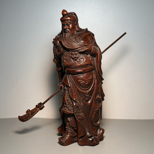 Chinese Vintage Boxwood Carving Guan Yu Figure Statue Decor Wooden Sculpture Art