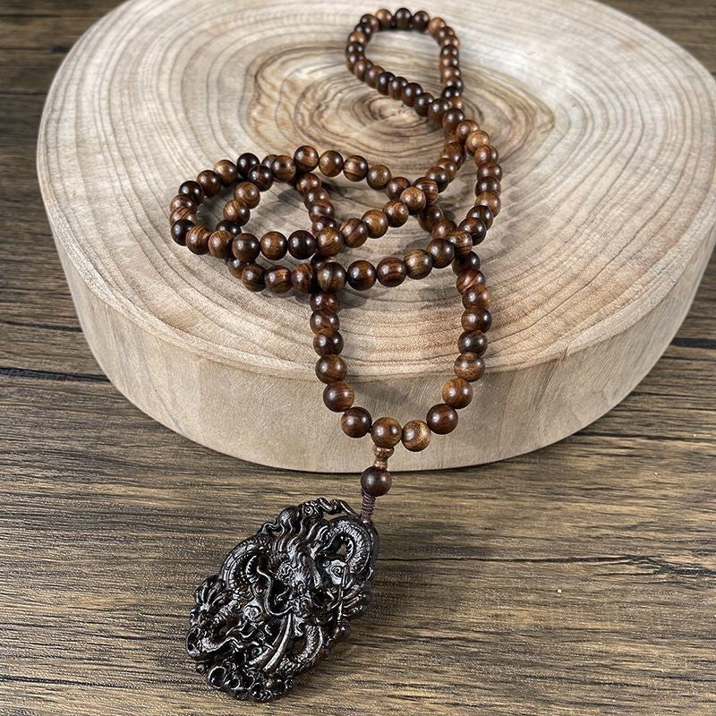 Natural Wood Prayer Beads Necklace Dragon Carving Pendant Men Woman Lucky Gift