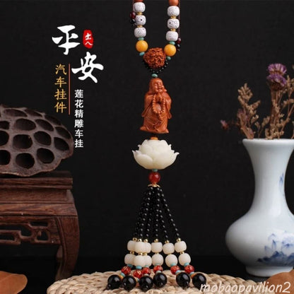 High-end Peachwood Carved Lotus Buddha Statue Car Rearview Mirror Pendant